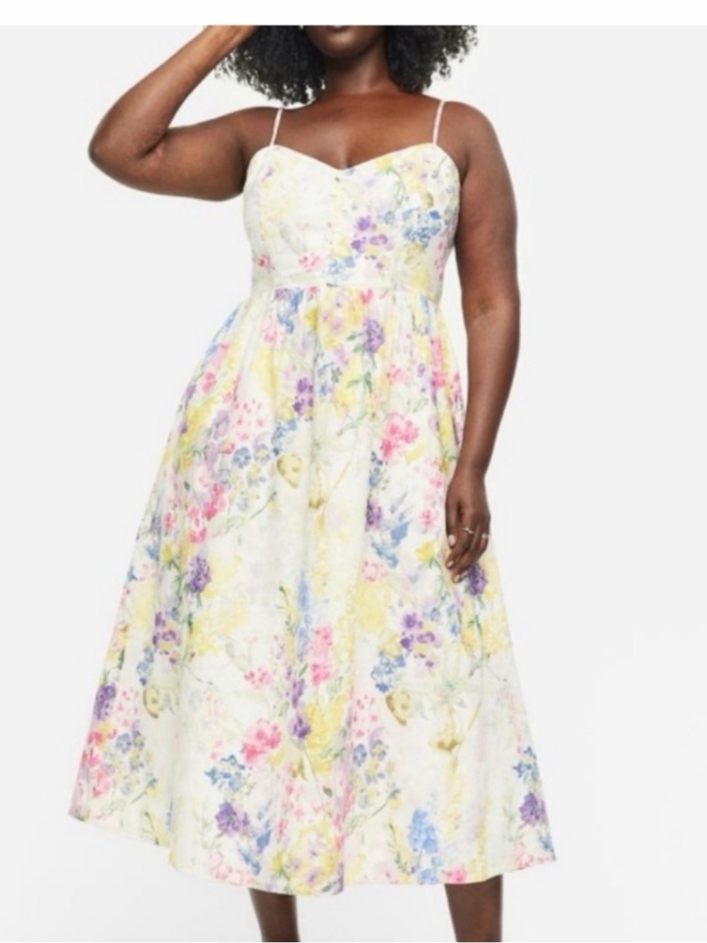 H&M Cream Floral Midi Dress with Pastel Pink, Yellow & Purple